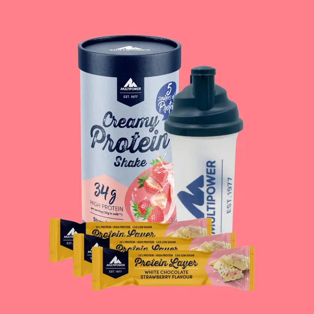 multipower-strawberry-protein-paket-inkl-shaker-creamy-erdbeer-proteinpulver-420 image 1